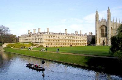 View from the Backs to Clare College and King's Chapel with a punt in the foreground.